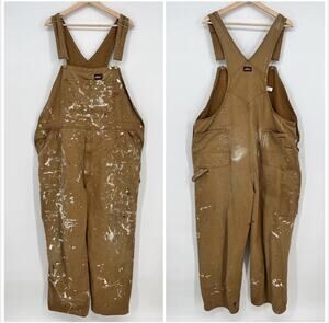 Dickies Men’s Overalls Paint Splatter 42x32 Brown Cotton Carpenter Thrashed Bibs